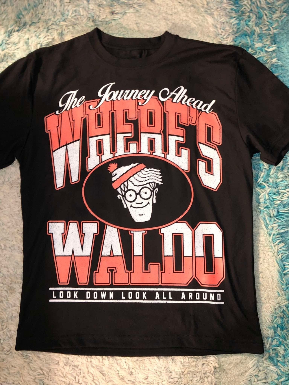 Dreamworks Black Tee with Red & White Where's Waldo Graphic